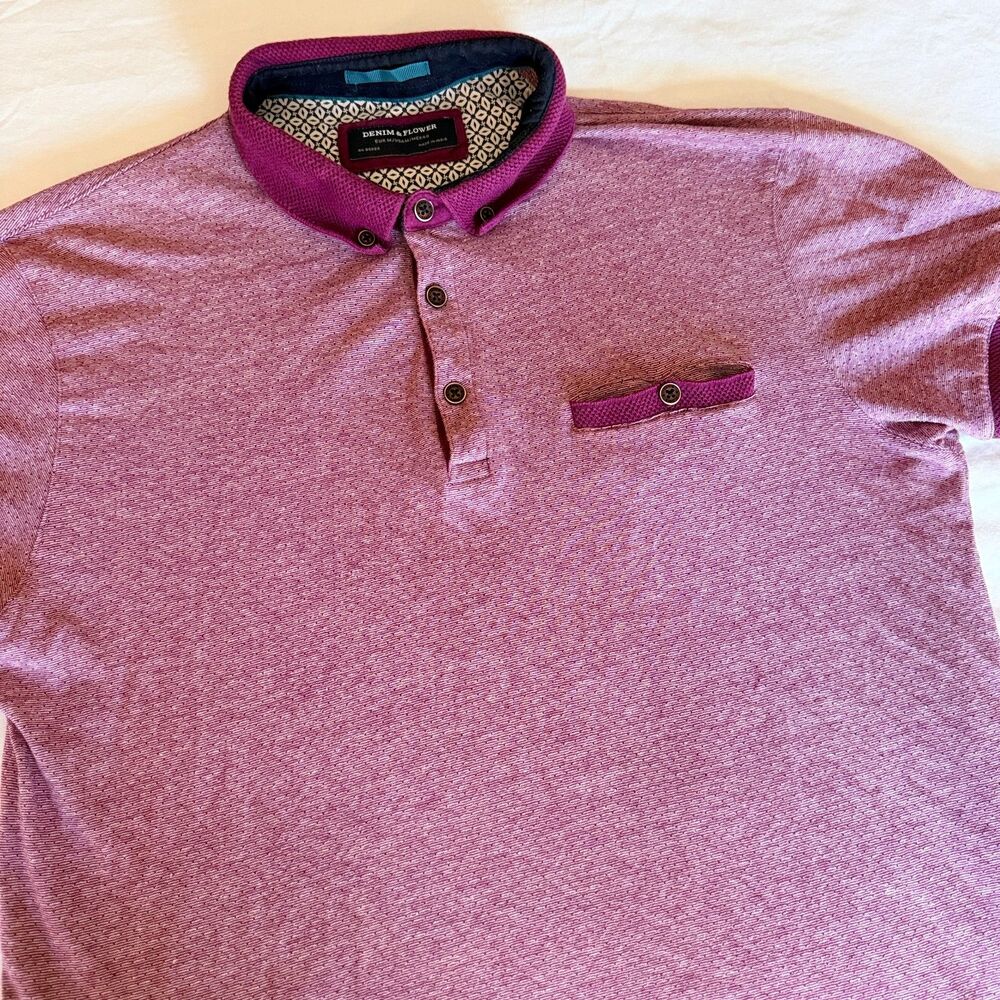 Denim & Flower Mens Polo Shirt Size Medium Purple Heathered Knit Chest Pocket